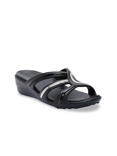 

Crocs Sanrah Women Black Silver-Toned Striped Sandals