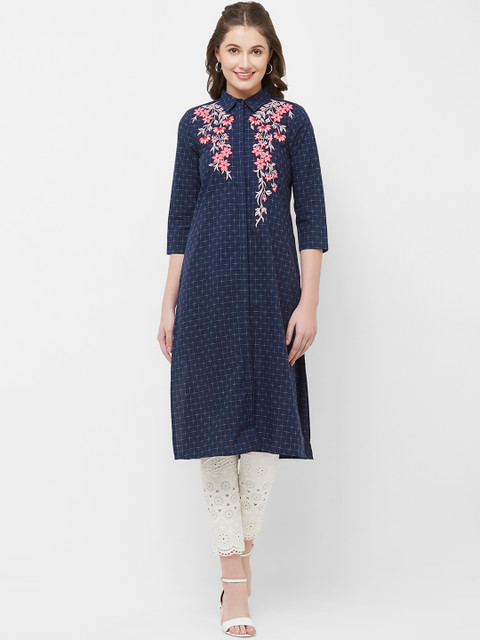 

Naari Women Navy Blue & Pink Embroidered Straight Pure Cotton Kurta