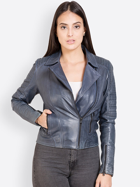 

Justanned Women Blue Solid Leather Jacket