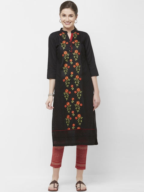 

Naari Women Black & Orange Floral Embroidered Straight Pure Cotton Calf-Length Kurta
