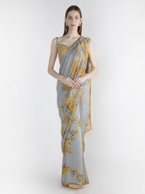 

Pernia Pop-Up Shop by Adah Grey & Yellow Viscose Rayon Saree