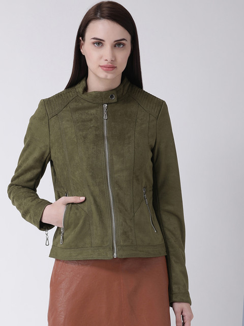 

Latin Quarters Women Olive Green Solid Asymmetric Closure Jacket