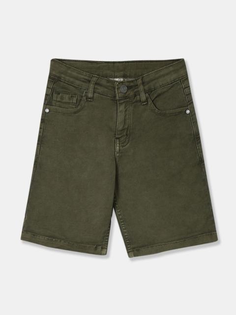 

Cherokee Boys Olive Green Solid Slim Fit Denim Shorts