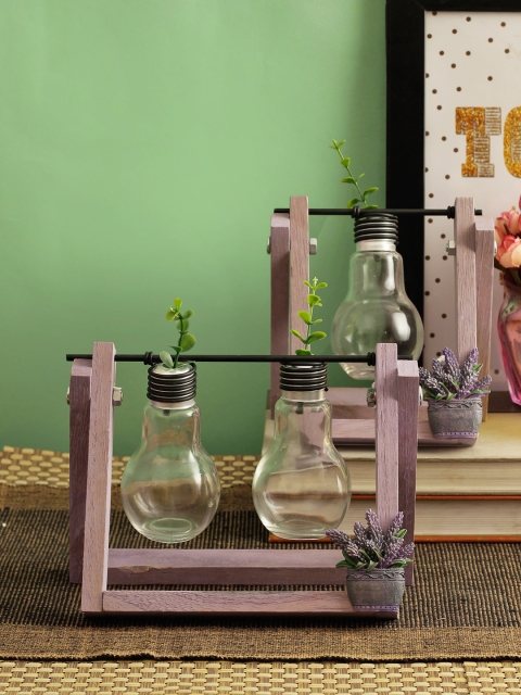 

TIED RIBBONS Glass Pots Planter Vase with Wooden Stand & Swivel Holder, Transparent