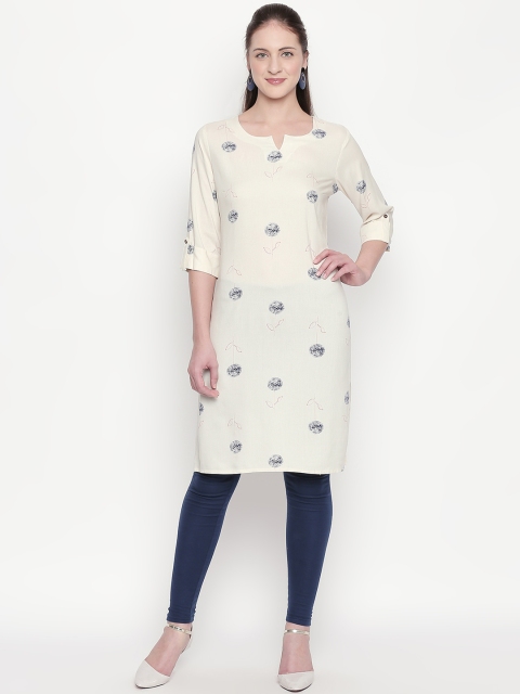 

RANGMANCH BY PANTALOONS Women Off-White & Blue Floral Printed Straight Kurta