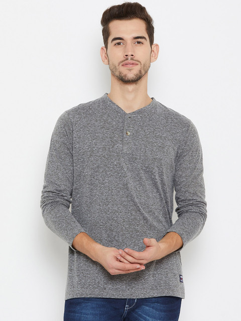 

Austin wood Men Grey Melange Self Design Mandarin Collar T-shirt
