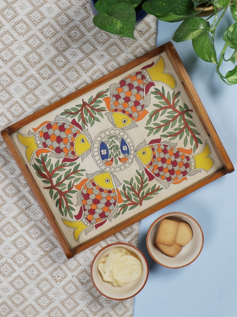 

VarEesha Brown & Yellow Madhubani Work Handmade Teak Wood Serving Tray with Glass Top