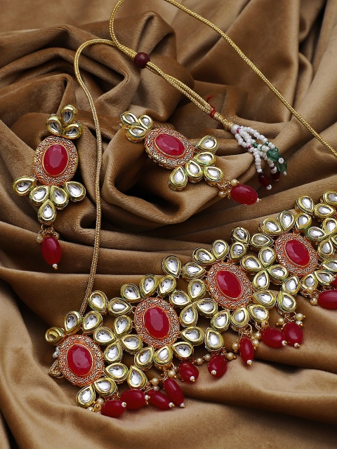 

Crunchy Fashion Gold-Plated Red Artificial Stone & Bead Embellished Meena Hasli Choker Set
