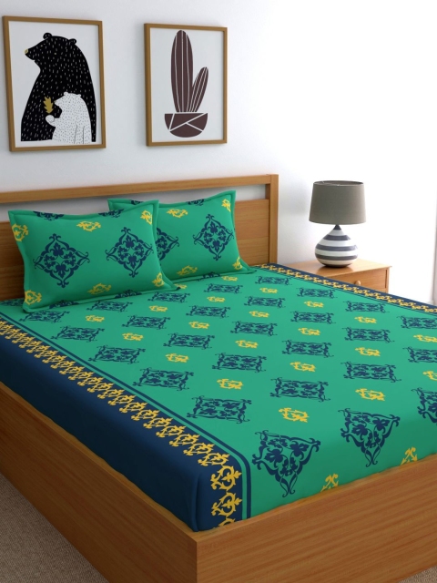 

Home Ecstasy Green & Blue Ethnic Motifs 140 TC Cotton 1 Queen Bedsheet with 2 Pillow Covers