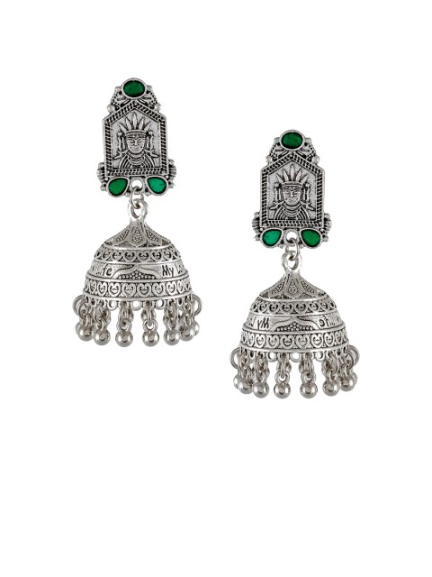 

Silvermerc Designs Green & Silver-Plated Oxidised Dome Shaped Jhumkas
