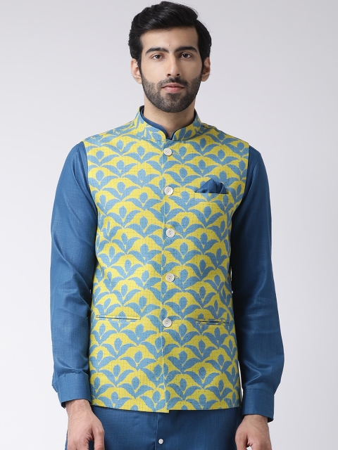 

KISAH Men Yellow & Blue Printed Nehru Jacket