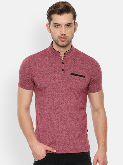 

V Dot Men Pink Self Design Mandarin Collar T-shirt