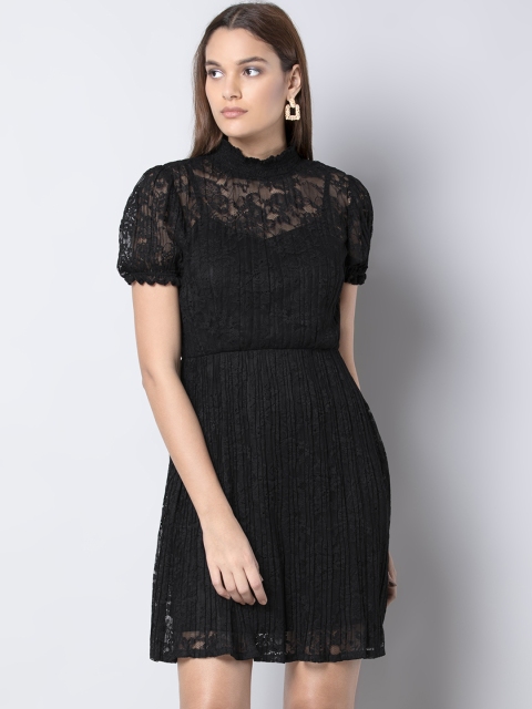 

FabAlley Women Black Self Design Fit and Flare Dress