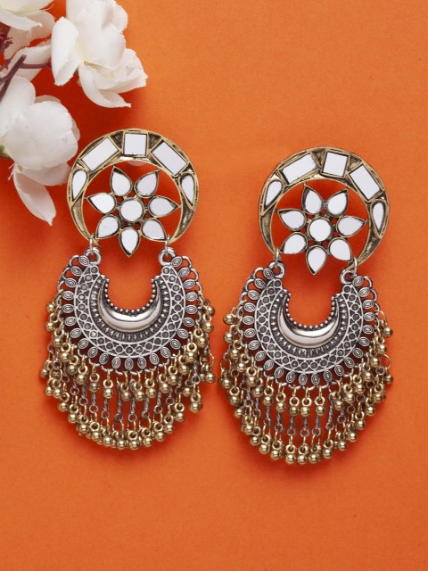 

Moedbuille Gold-Toned & Silver-Toned Crescent Shaped HandCut Mirror Oxidised Drop Earrings