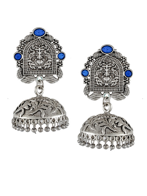 

Silvermerc Designs Blue & Silver-Plated Oxidised Dome Shaped Jhumkas