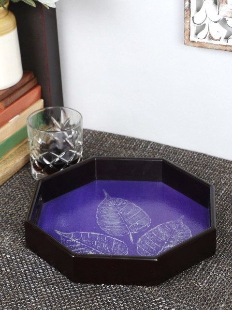 

VarEesha Black & Violet Hand Painted Leaf Octagonal Wooden Serving Tray