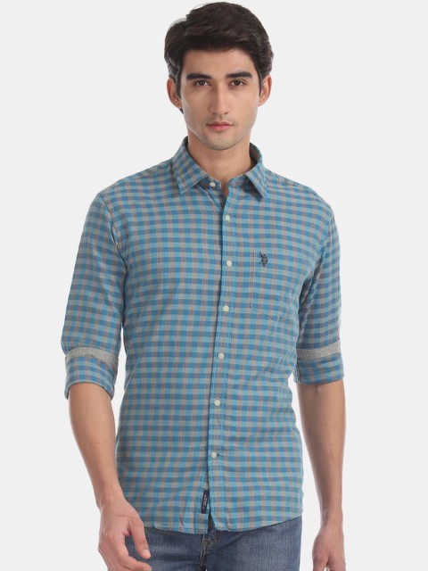 

U.S. Polo Assn. Men Teal Blue & Grey Regular Fit Checked Casual Shirt