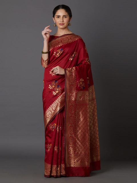 

Mitera Maroon & Gold-Toned Silk Blend Woven Design Kanjeevaram Saree