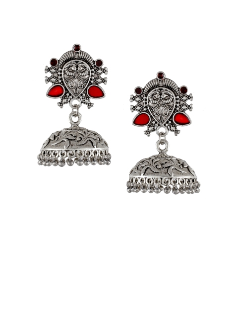 

Silvermerc Designs Silver-Plated & Red Oxidized Dome Shaped Jhumkas