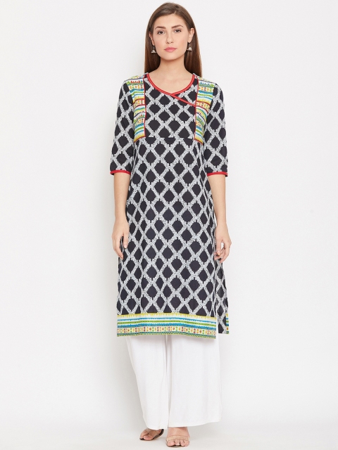 

AASK Women Black & White Printed Straight Kurta