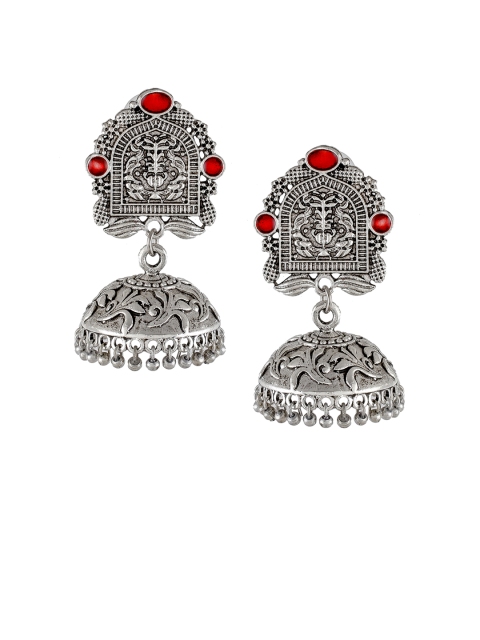 

Silvermerc Designs Silver-Plated & Red Oxidized Dome Shaped Jhumkas