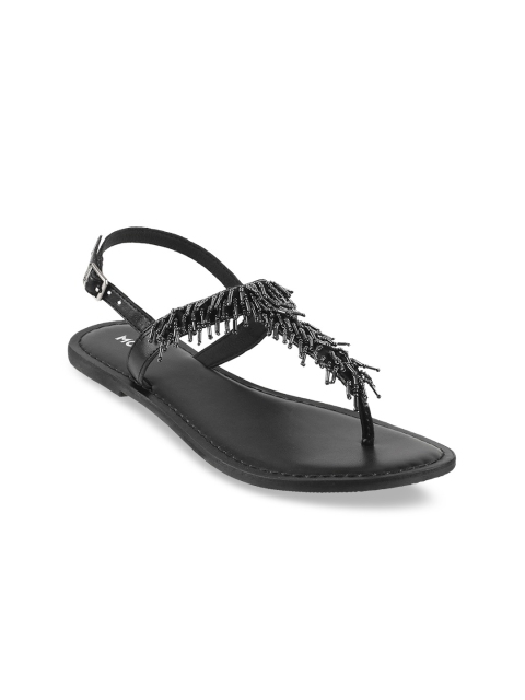 

Mochi Women Black Embellished T-Strap Flats