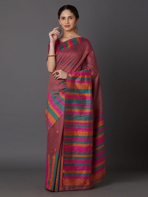 

Mitera Mauve & Orange Silk Blend Woven Design Kanjeevaram Saree