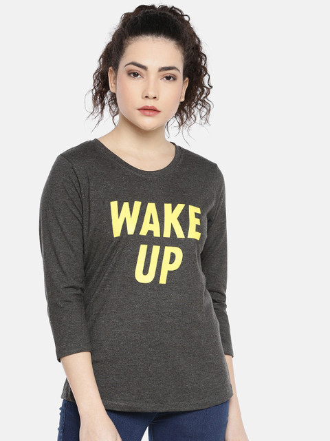 

GOLDSTROMS Women Grey & Yellow Printed Round Neck Pure Cotton T-shirt