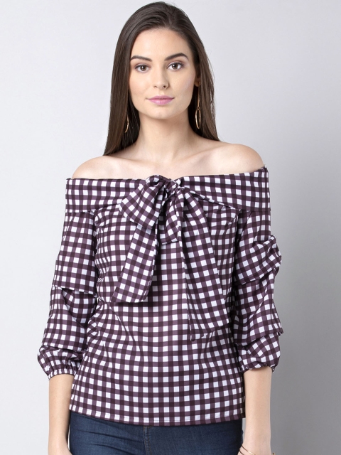 

FabAlley Women Purple Checked Bardot Top