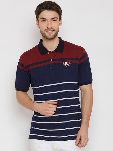 

Austin wood Men Navy Blue Striped Polo Collar T-shirt