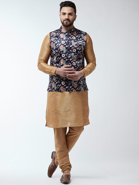 

I Know Men Gold-Coloured & Navy Blue Solid Dupion Silk Kurta with Churidar & Nehru Jacket
