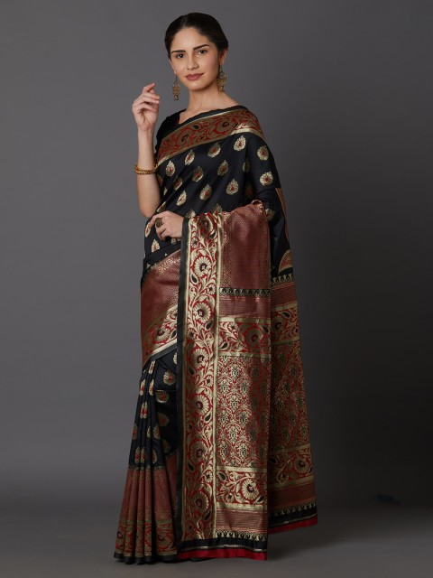 

Mitera Black & Gold-Toned Silk Blend Woven Design Kanjeevaram Saree