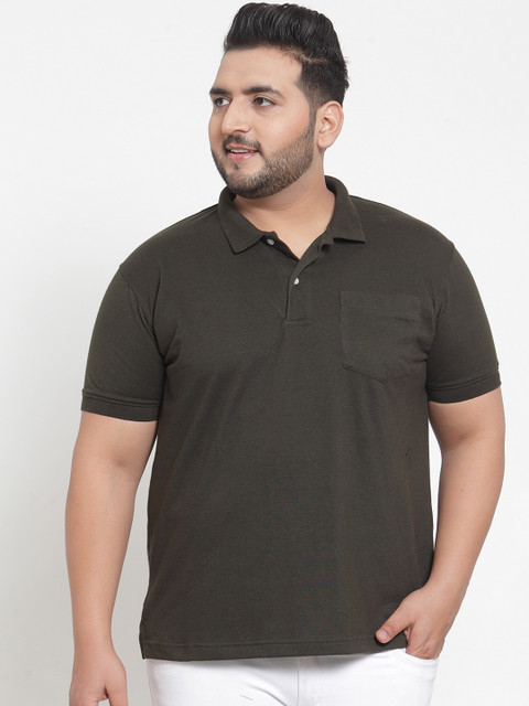 

plusS Men Olive Green Solid Polo Collar T-shirt