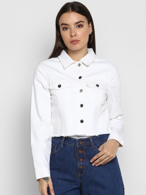 

FOSH Women White Solid Cropped Denim Jacket