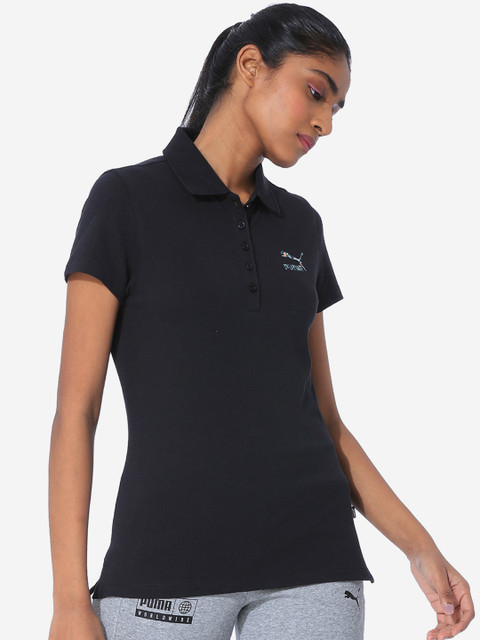 

Puma Women Black Solid Polo Collar T-shirt