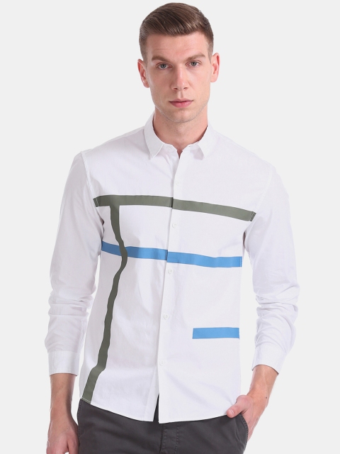 

Colt Men White & Olive Green Regular Fit Striped Casual Shirt