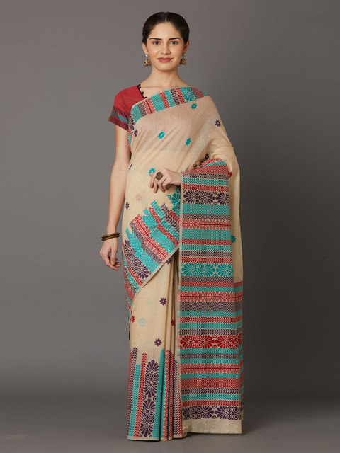 

Mitera Beige & Red Silk Blend Woven Design Kanjeevaram Saree
