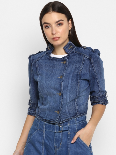 

FOSH Women Blue Solid Cropped Denim Jacket