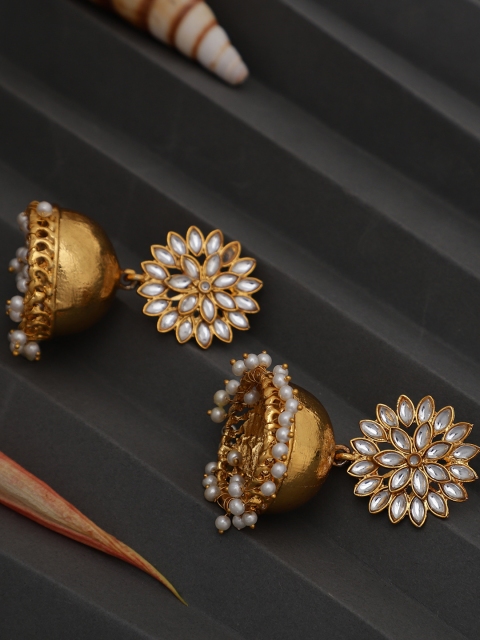 

Crunchy Fashion Gold-Toned & Off-White Dome Shaped Jhumkas