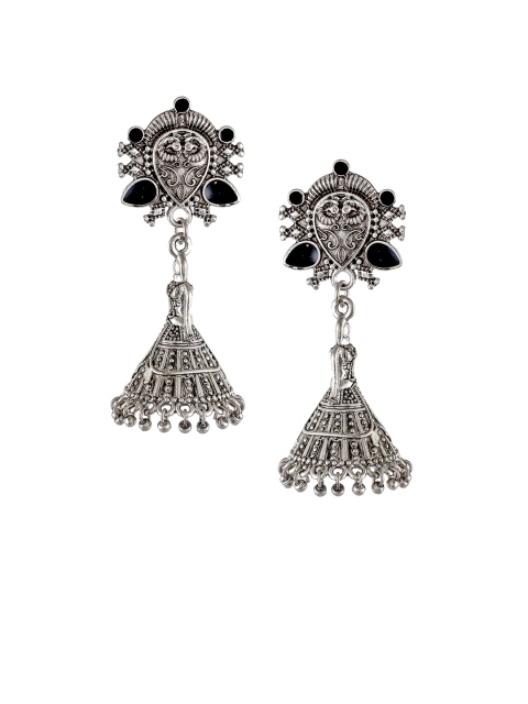 

Silvermerc Designs Silver-Plated & Black Oxidized Peacock Shaped Jhumkas