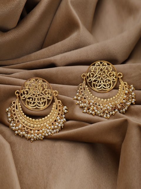 

Crunchy Fashion Gold-Toned & Off-White Crescent Shaped Drop Earrings
