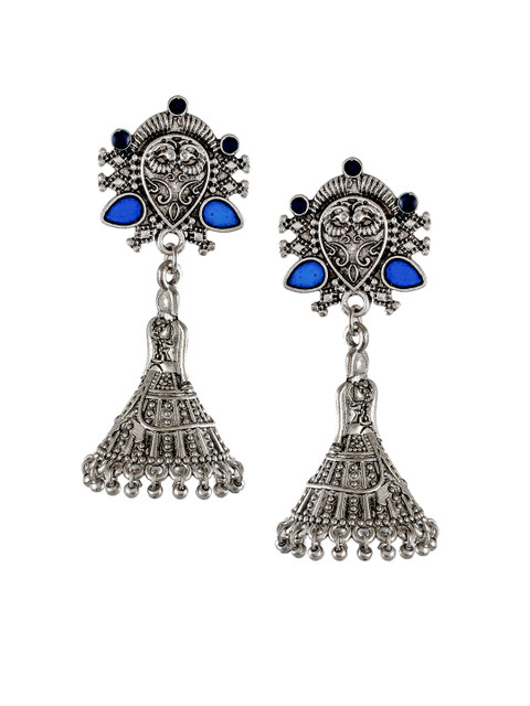 

Silvermerc Designs Silver-Plated & Blue Oxidized Peacock Shaped Jhumkas