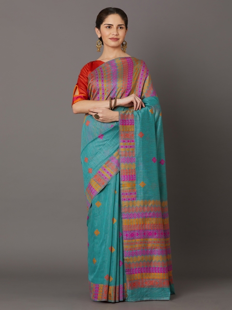 

Mitera Teal & Fuchsia Pink Silk Blend Woven Design Kanjeevaram Saree