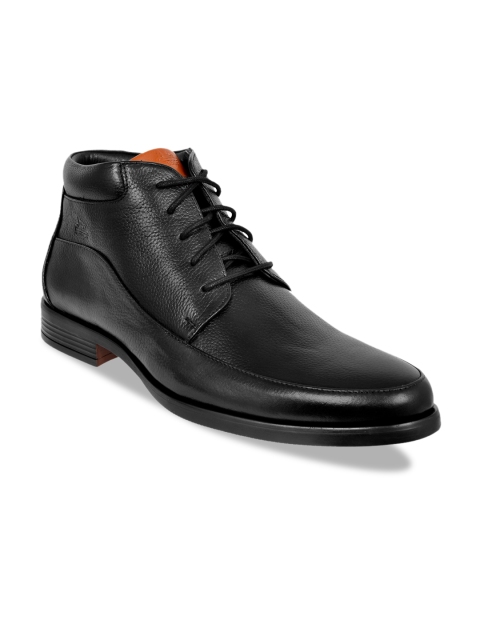 

Allen Cooper Men Black Solid Genuine Leather Mid-Top Flat Boots
