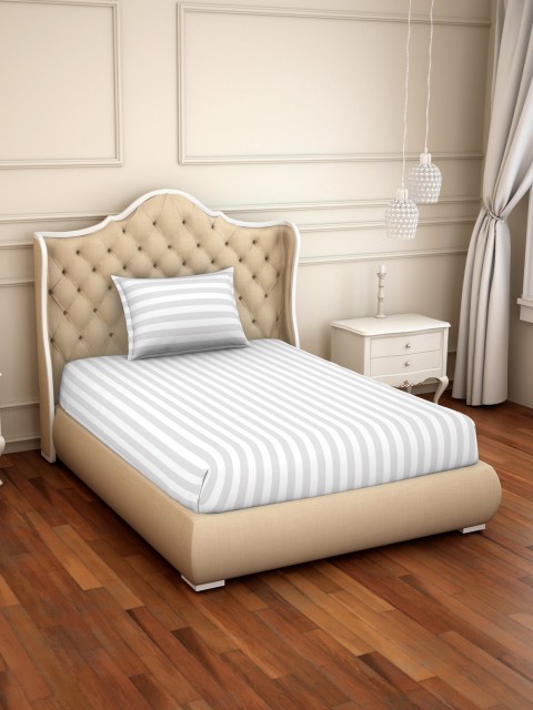 

SPACES White & Grey Striped 210 TC Cotton 1 Single Bedsheet with 1 Pillow Covers
