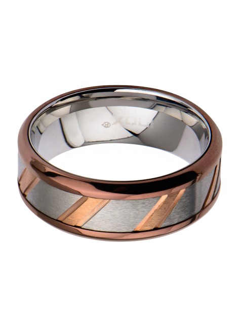 

Inox Jewelry Men Rose Gold Toned & Silver Toned Stainless Steel Classic Diagonal Pattern Ring
