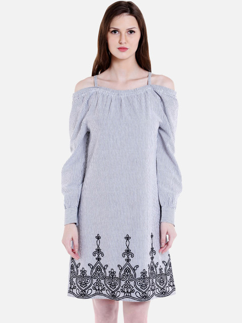 

109F Women Grey Striped A-Line Dress