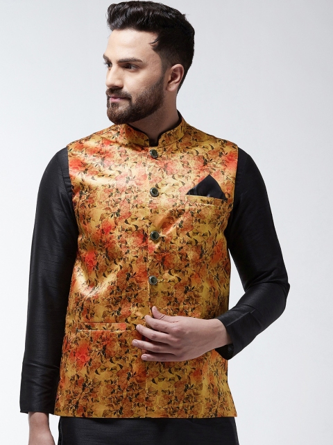 

I Know Men Orange & Mustard Yellow Printed Satin Nehru Jacket