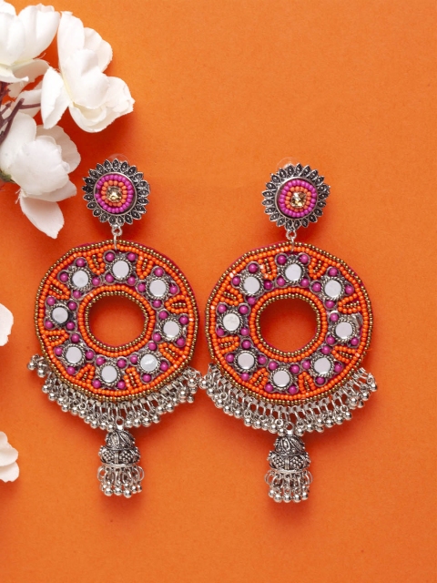 

Moedbuille Pink & Orange Handcrafted Oxidised Circular Drop Earrings