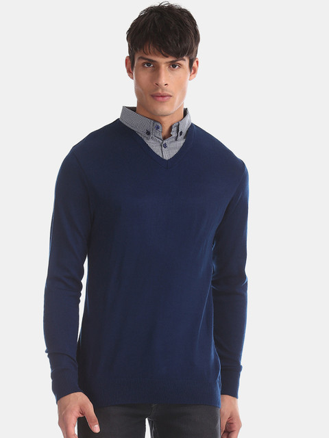 

Ruggers Men Navy Blue Solid Pullover Sweater
